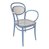 Light blue chair with a mesh seat and back, featuring a minimalist design and smooth, curved lines.
