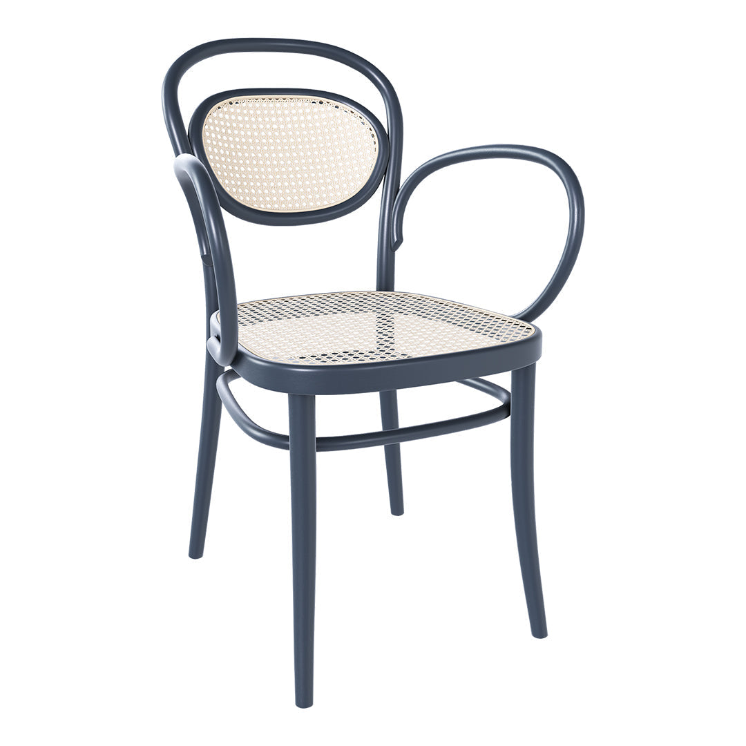 Navy blue chair with a woven cane seat and backrest, featuring elegant curves and a modern design.