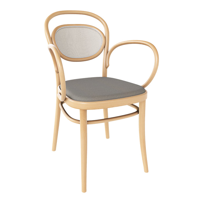 Light wood chair with a gray fabric seat and mesh backrest, featuring smooth curves and minimalist design.