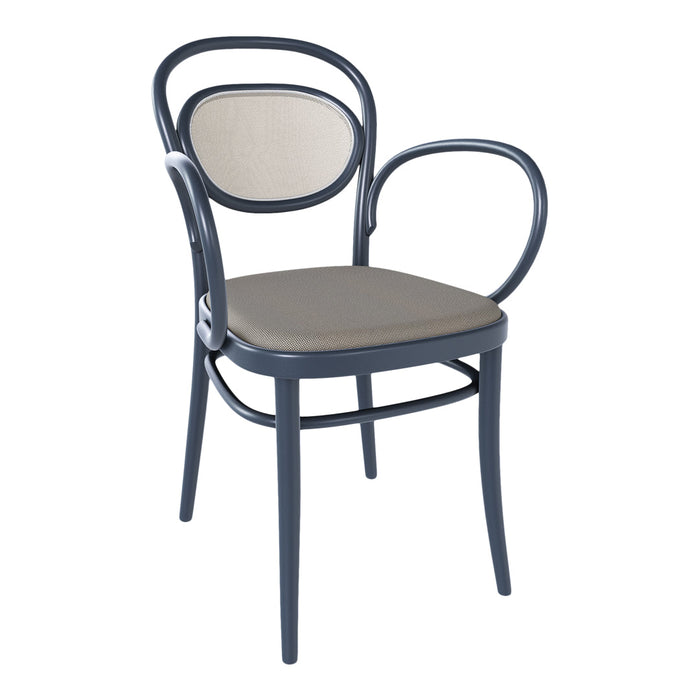 Modern navy chair with a beige mesh backrest and seat, featuring elegant curved design and minimalistic patterns.