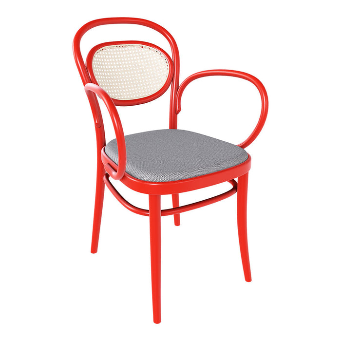 Bright red chair with a woven backrest and gray-patterned seat cushion. Modern and stylish design for any space.