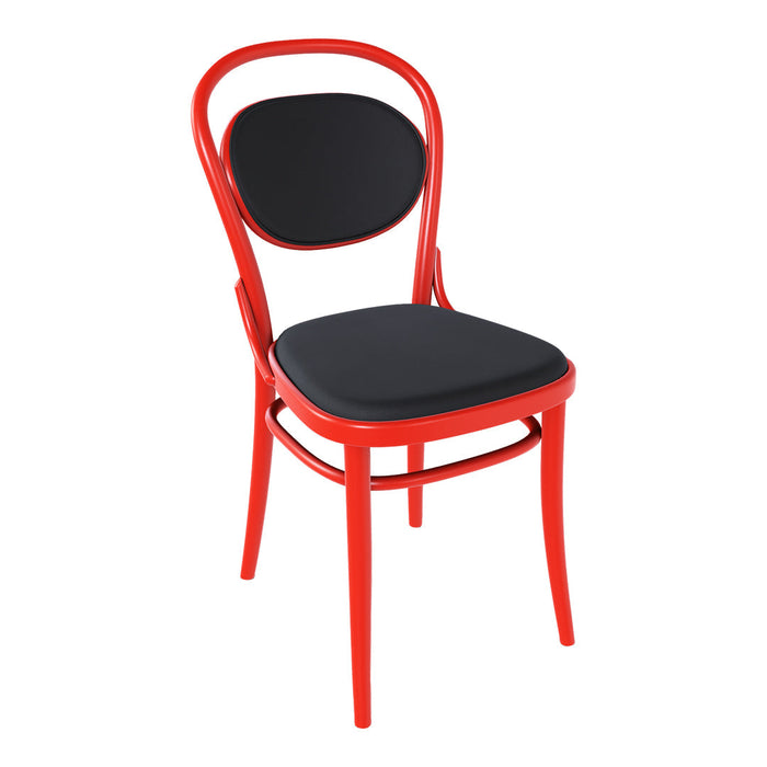 Red bentwood chair with a black padded seat and backrest, featuring a classic design and smooth, glossy finish.