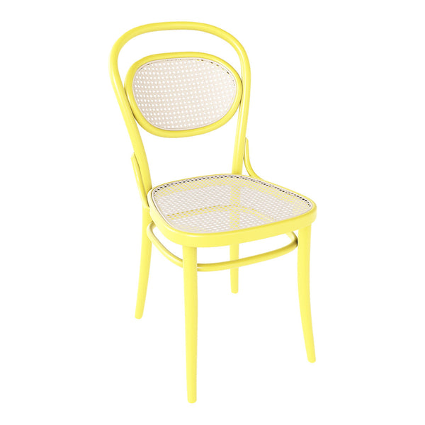 Bright yellow chair with a natural cane seat and backrest, featuring classic curved design and minimalist pattern.