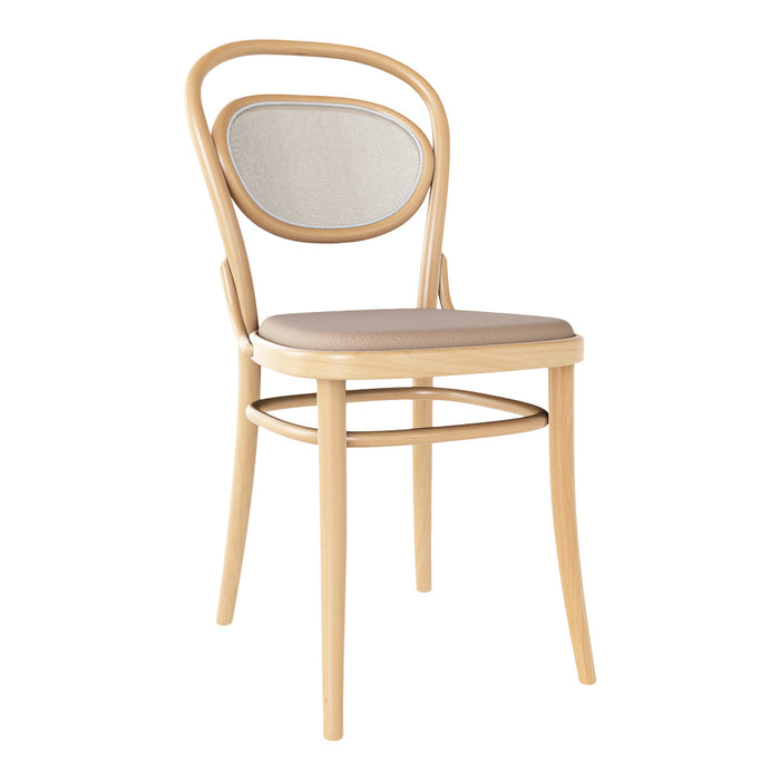 Natural wood chair with a light beige upholstered seat and a textured beige backrest for a minimalist look.