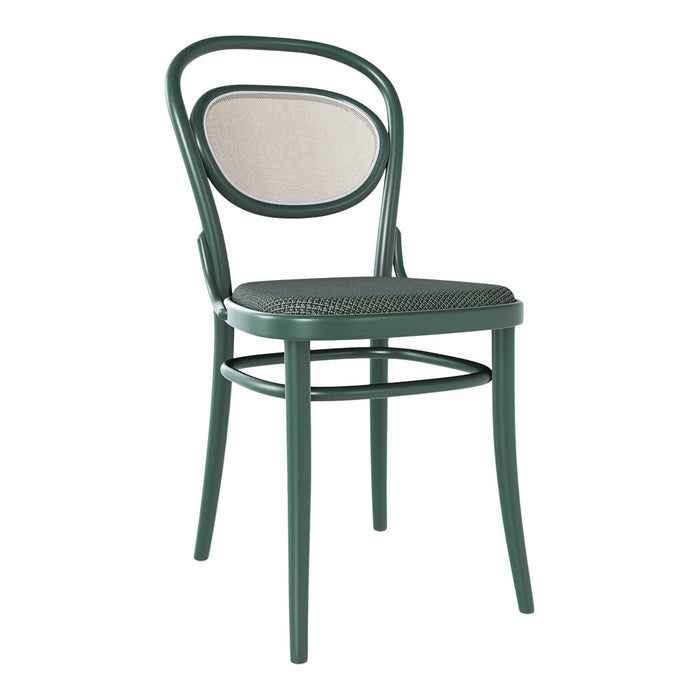 Green chair with a woven dark seat and textured beige backrest, featuring a sleek, modern design.