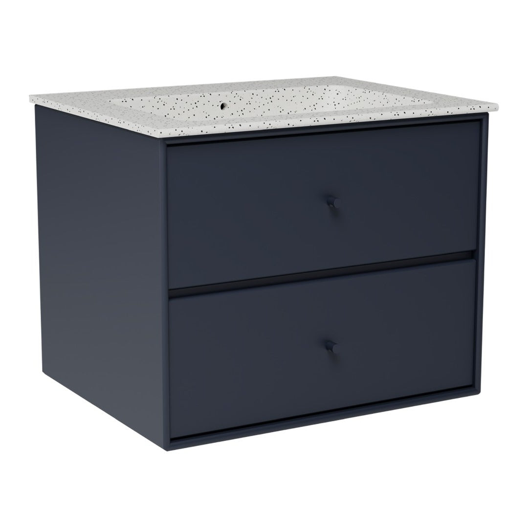 Navy blue storage cabinet with two drawers and a speckled white countertop. Modern and elegant design.