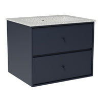Navy blue storage cabinet with two drawers and a speckled white countertop. Modern and elegant design.