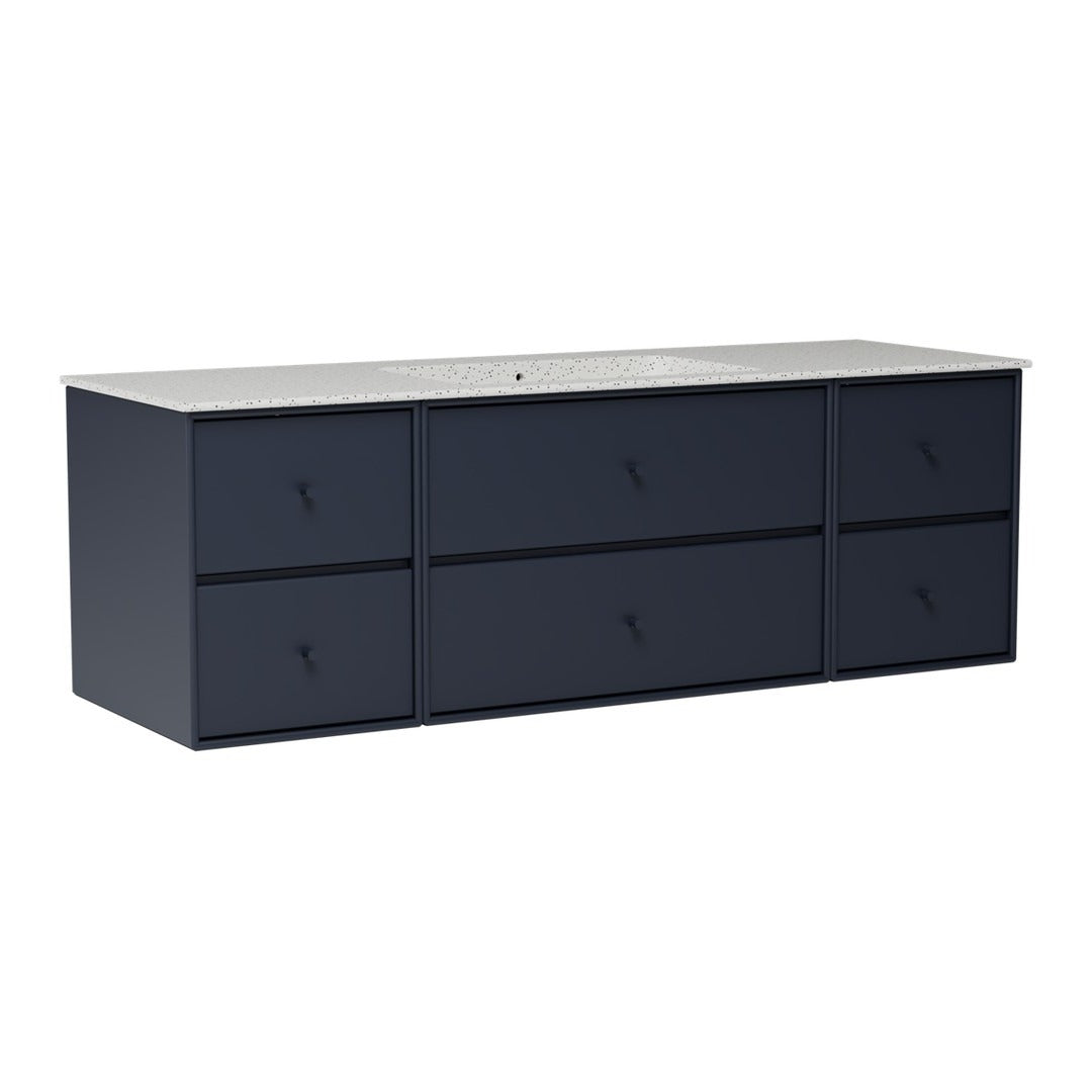 Navy blue storage cabinet with six drawers and a sleek, light-colored countertop. Modern, minimalistic design.