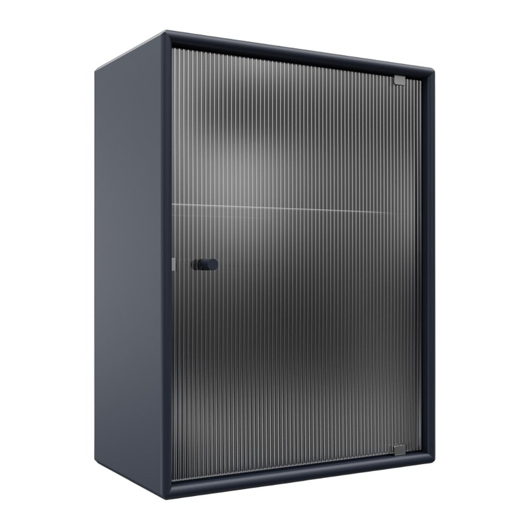 Navy blue storage cabinet with a sleek, vertical striped pattern on the door for a modern, elegant look.