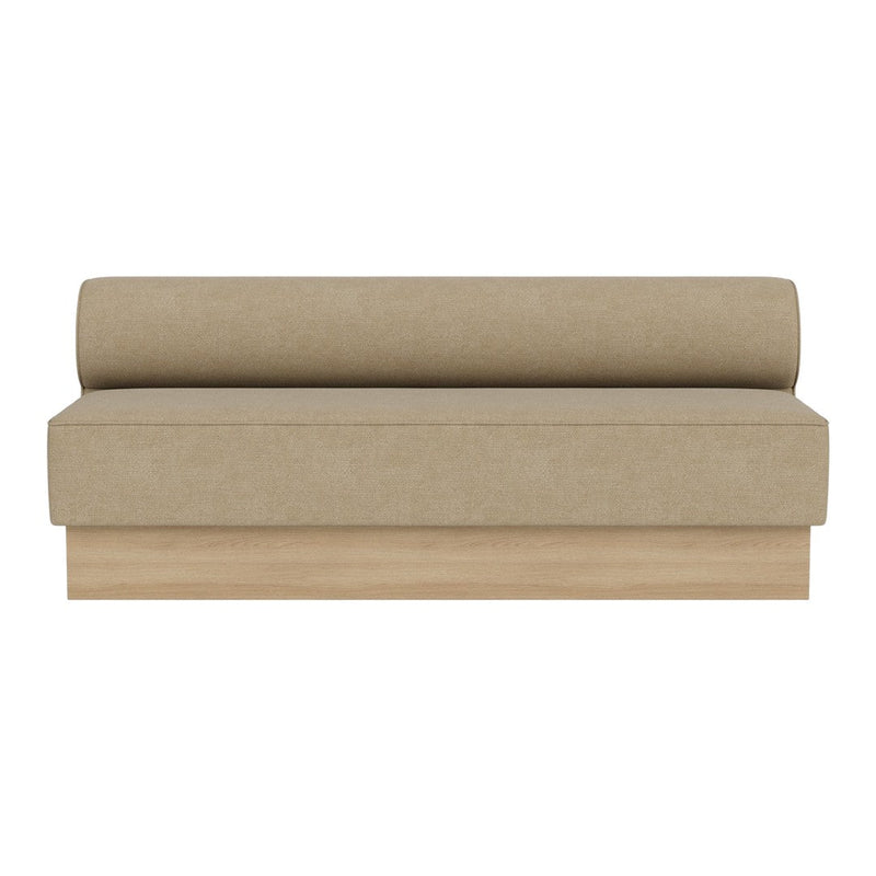 Beige upholstered sofa with a smooth finish and round bolstered cushion on a light wood base.