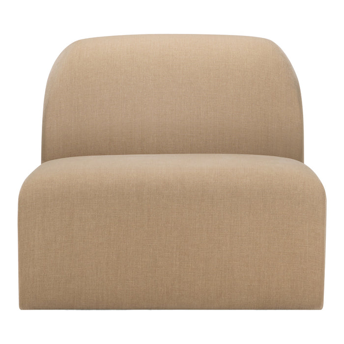 Beige upholstered single chair with a smooth, minimalist fabric texture and rounded edges. Perfect for modern decor.