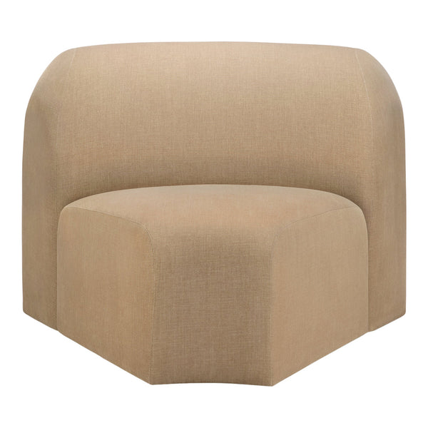 Beige curved fabric chair with a smooth, minimalist design featuring subtle textured patterns.