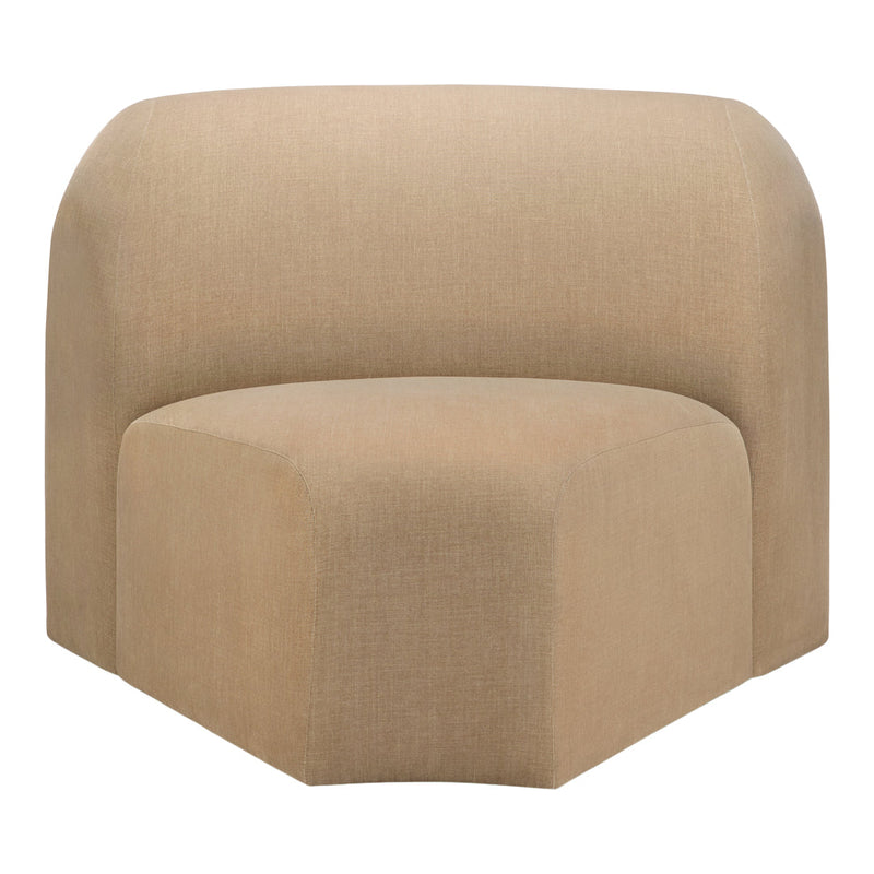 Beige curved fabric chair with a smooth, minimalist design featuring subtle textured patterns.