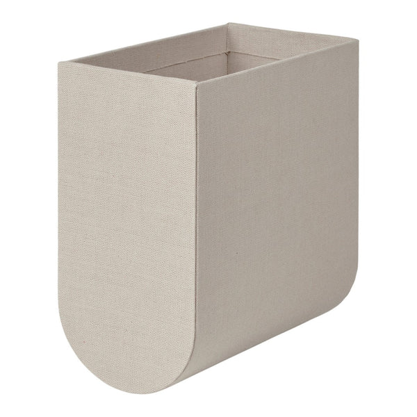 Beige rectangular storage bin with a textured finish and rounded base, perfect for organizing home spaces.