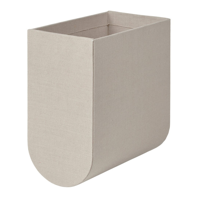 Beige rectangular storage bin with a textured finish and rounded base, perfect for organizing home spaces.