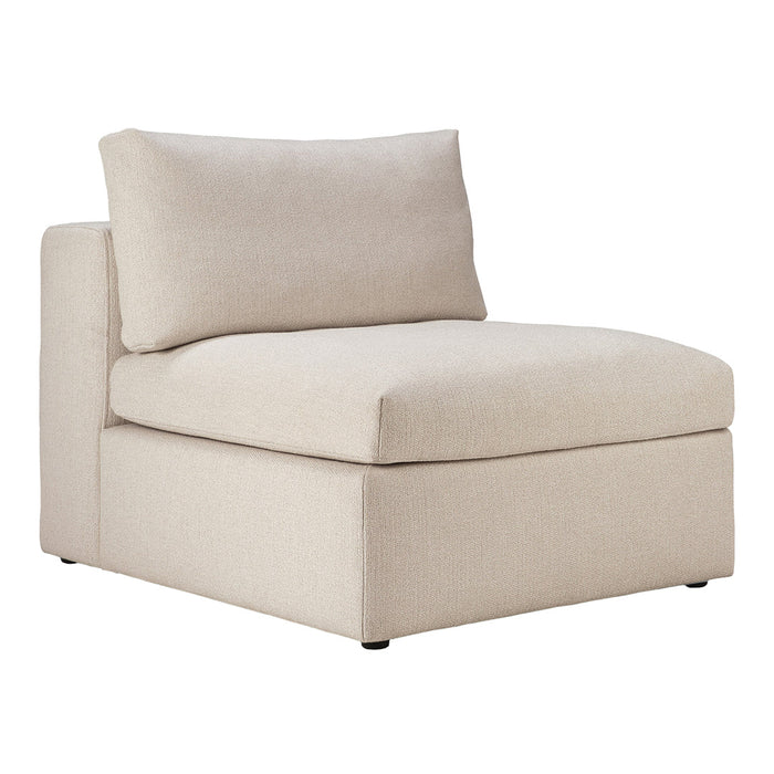 Beige upholstered accent chair with clean lines and a simple, modern design. Soft fabric and a minimalist style.
