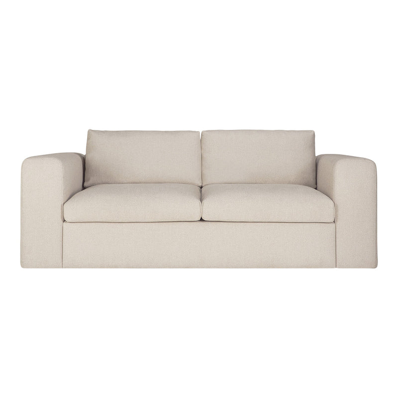 Beige sofa with a smooth, textured fabric and contemporary design, featuring simple lines and a minimalist style.