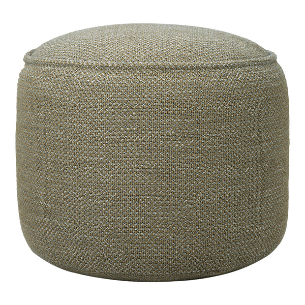 Textured round pouf in soft beige and taupe hues with a subtle woven pattern, perfect for any neutral decor.