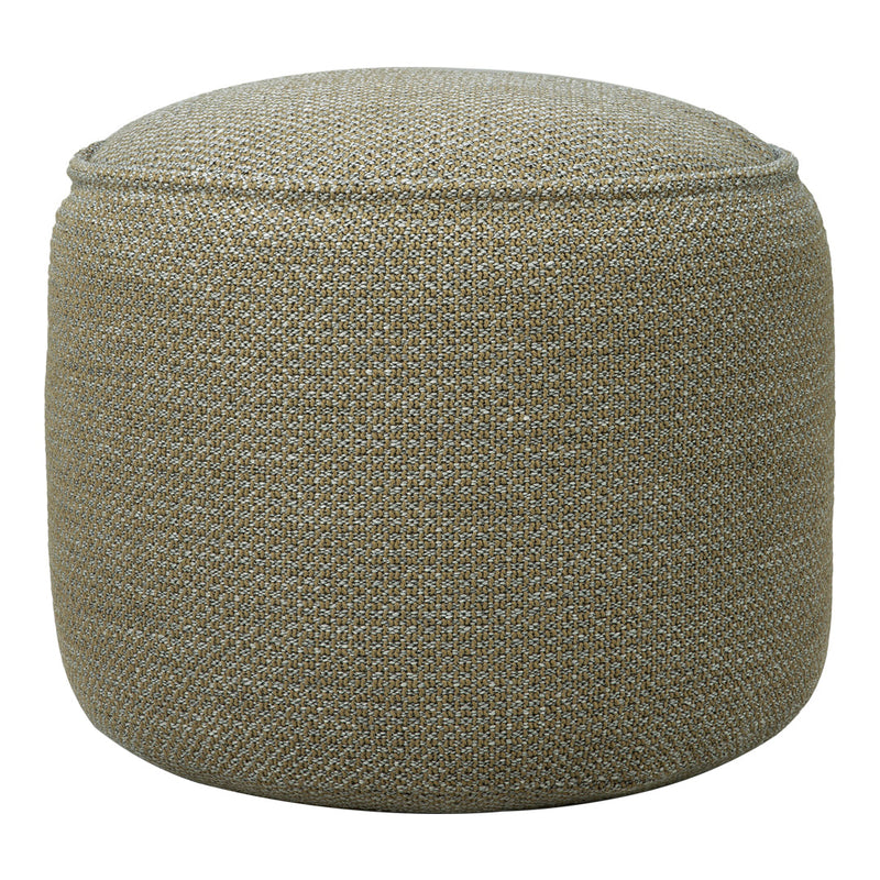 Textured round pouf in soft beige and taupe hues with a subtle woven pattern, perfect for any neutral decor.