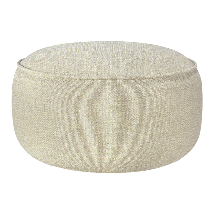 Round pouf in soft beige with a textured woven pattern, perfect for adding warmth to any space.