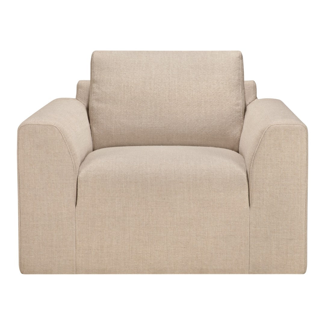 Beige upholstered armchair with a smooth, textured fabric and minimalist design, perfect for modern interiors.