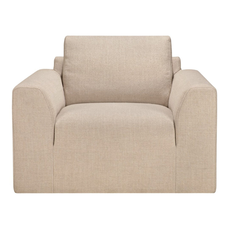 Beige upholstered armchair with a smooth, textured fabric and minimalist design, perfect for modern interiors.