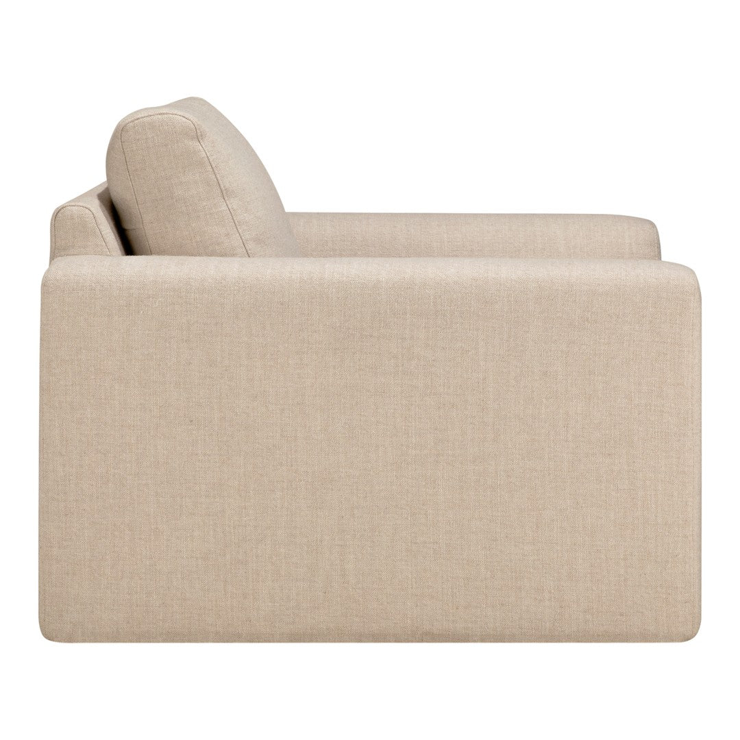 Beige square armchair with a smooth, textured fabric and subtle linen weave pattern. Perfect for modern decor.