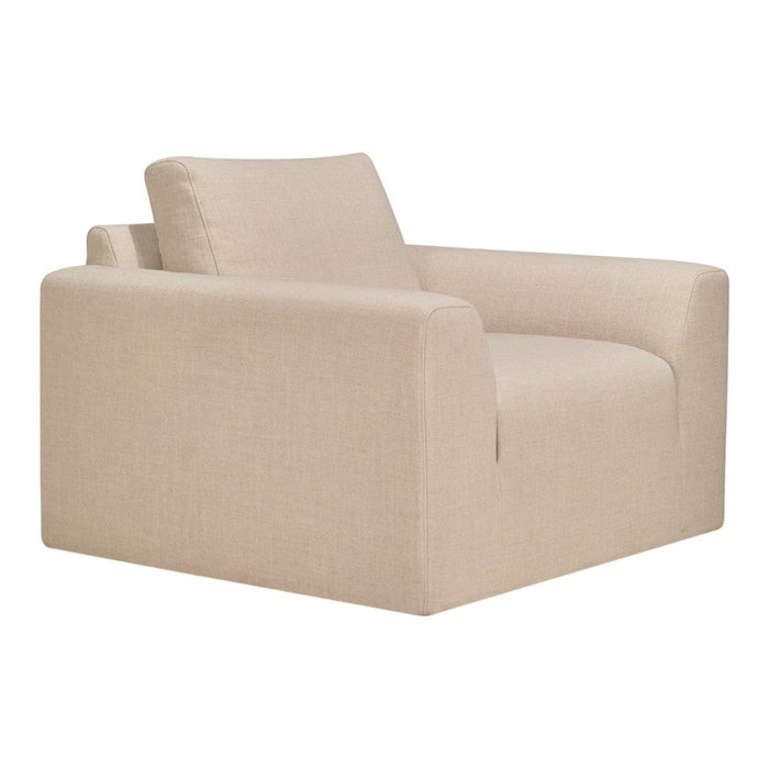 Beige armchair with a minimalist design, featuring a smooth, textured fabric for a modern aesthetic.