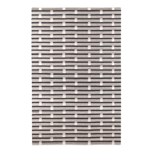 Black and white patterned area rug featuring a modern grid design. Perfect for stylish home decor.