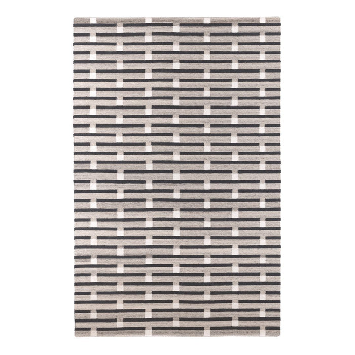 Black and white patterned area rug featuring a modern grid design. Perfect for stylish home decor.