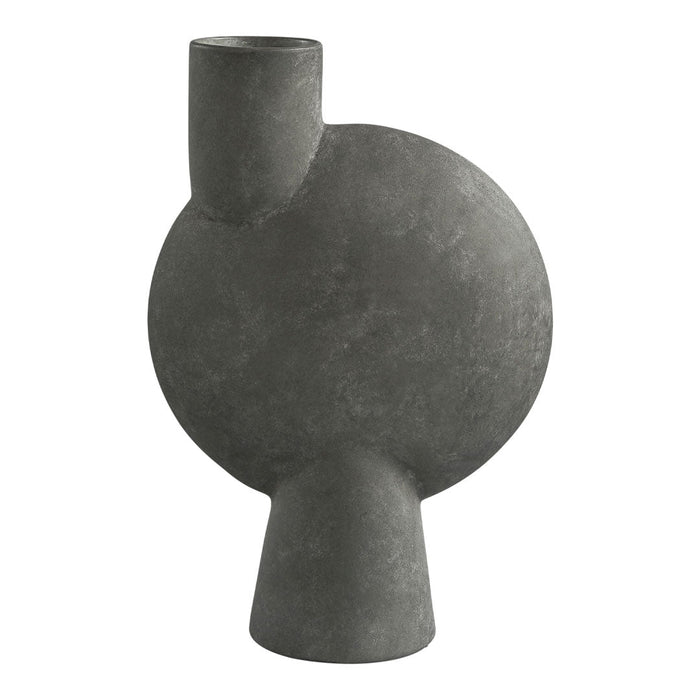 Stylish gray ceramic vase with a modern round and cylindrical shape, featuring a matte finish and unique silhouette.