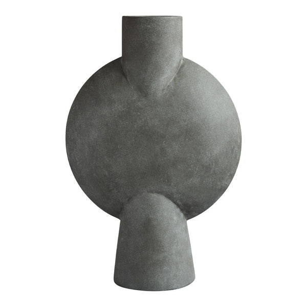 Gray textured vase with a modern circular and geometric pattern, perfect for stylish home decor.
