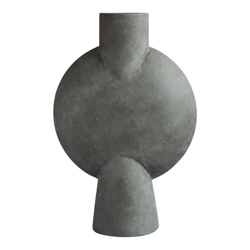 Gray textured vase with a modern circular and geometric pattern, perfect for stylish home decor.