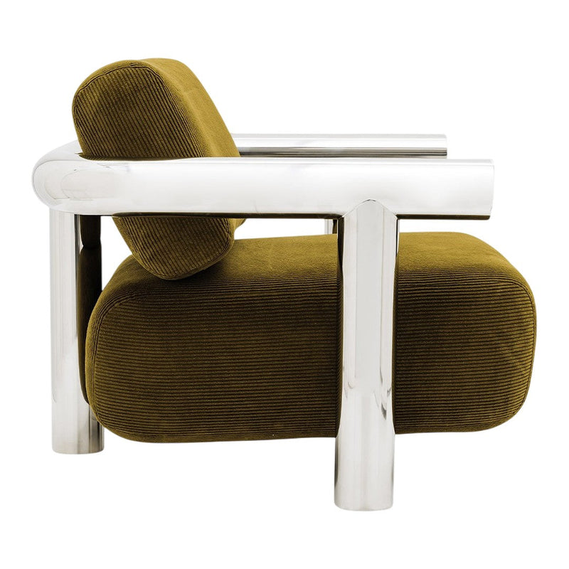 Olive green ribbed fabric accent chair with sleek silver metal armrests. Modern design perfect for stylish interiors.