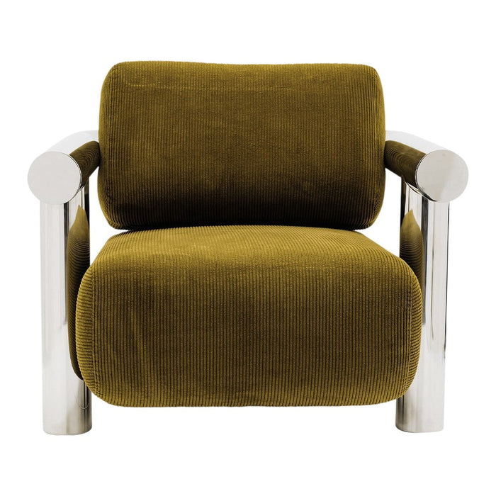 Olive green ribbed upholstery with sleek chrome arms, adding a modern touch to your space. Perfect accent chair.