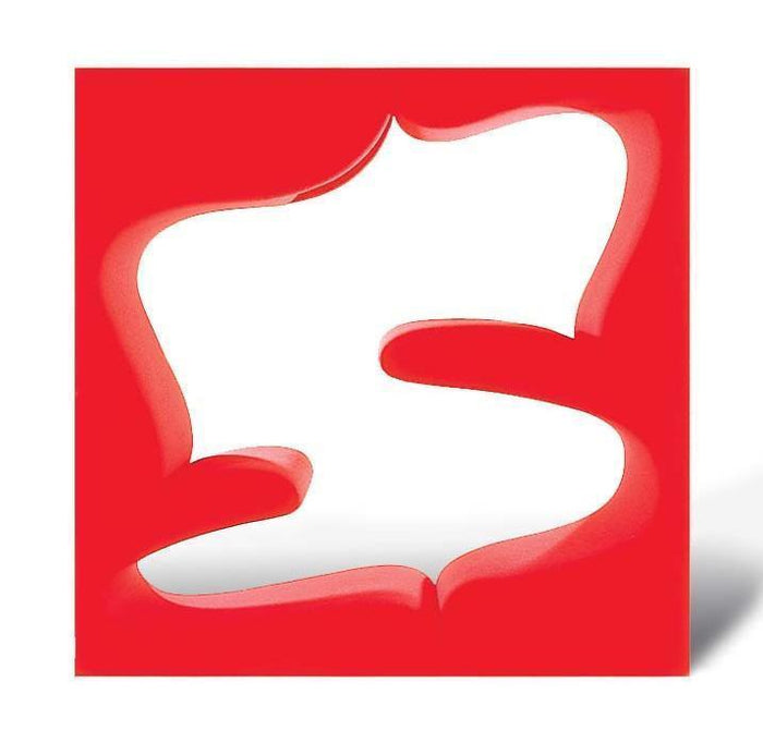 Red square with a white abstract design, featuring smooth curves and layers for a modern, eye-catching look.