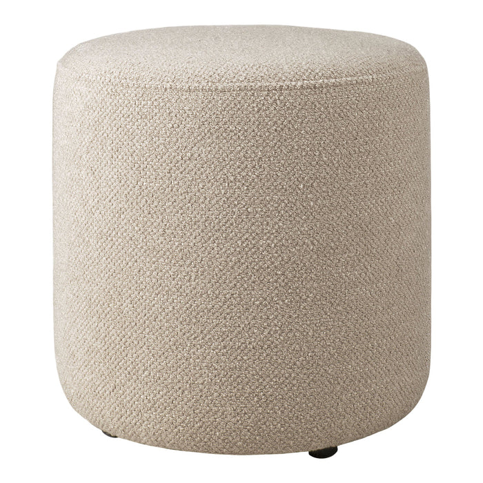 Round, textured pouf in a soft beige color with a subtle herringbone pattern. Ideal for modern decor.