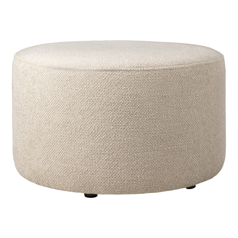 Round beige ottoman featuring a textured fabric surface, perfect for adding a neutral accent to any decor.