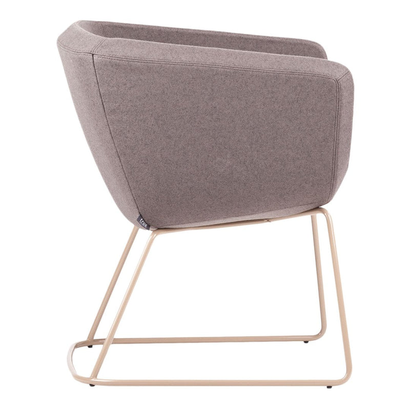 Modern grey upholstered chair with clean lines and a sleek gold metal frame. Perfect for contemporary decor.