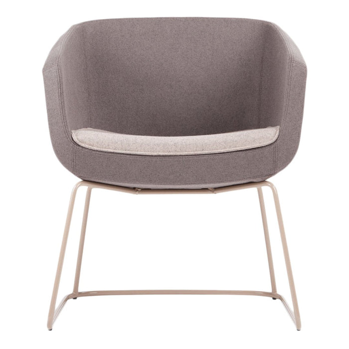 Gray upholstered chair with light beige cushion and sleek metal legs. Modern design with soft, neutral colors.