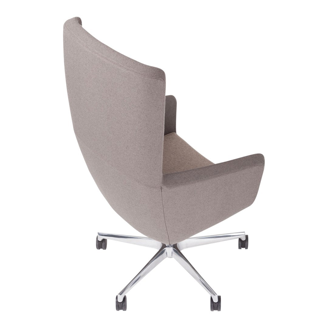 Gray upholstered chair with a sleek design and chrome base, featuring a minimalist style and smooth contours.