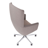 Gray upholstered chair with a sleek design and chrome base, featuring a minimalist style and smooth contours.