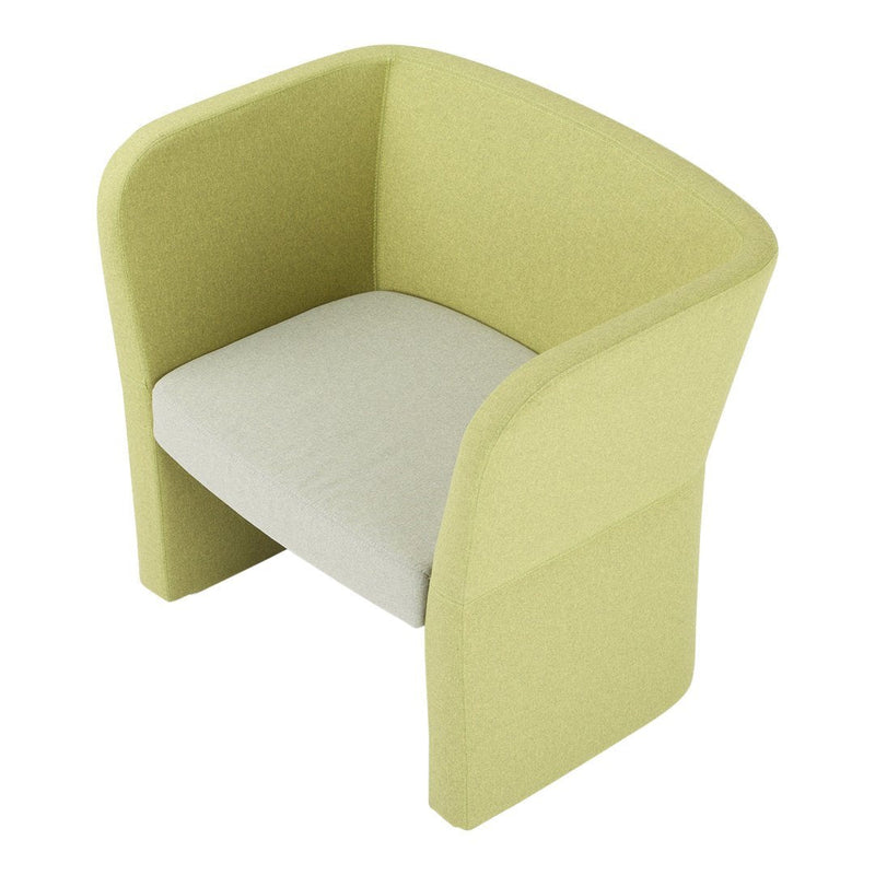 Light green armchair with a contrasting white seat, featuring a sleek, modern design. Perfect for any contemporary space.