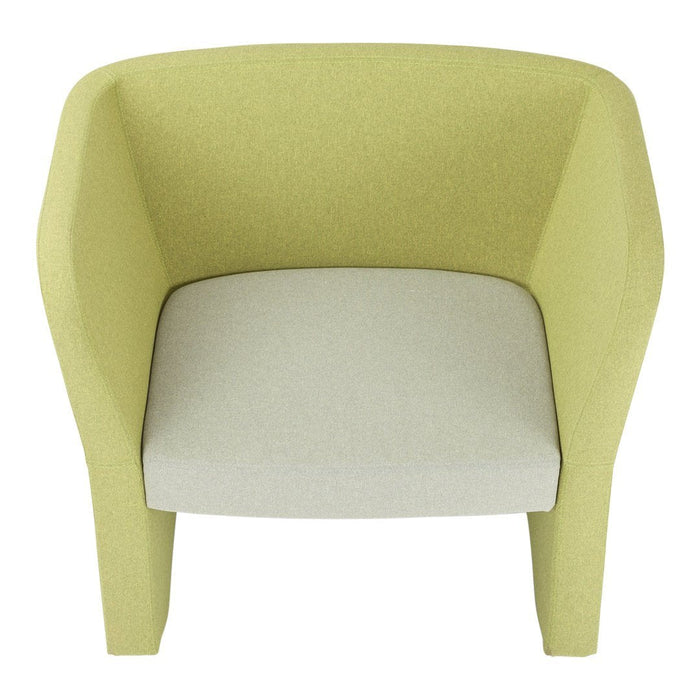 Green and light gray upholstered chair with a minimalist design and smooth, contemporary patterns.