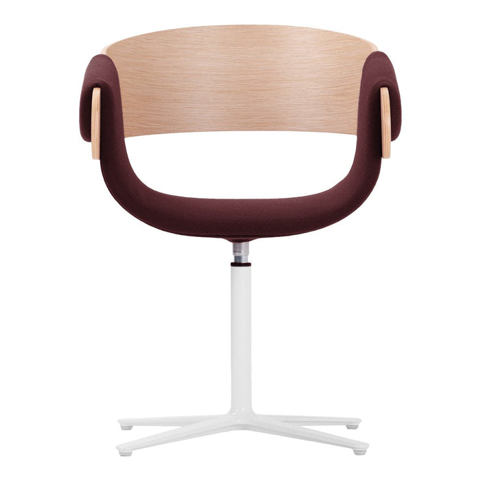 Maroon upholstered chair with a light wood backrest and a sleek white base, combining modern elegance and comfort.
