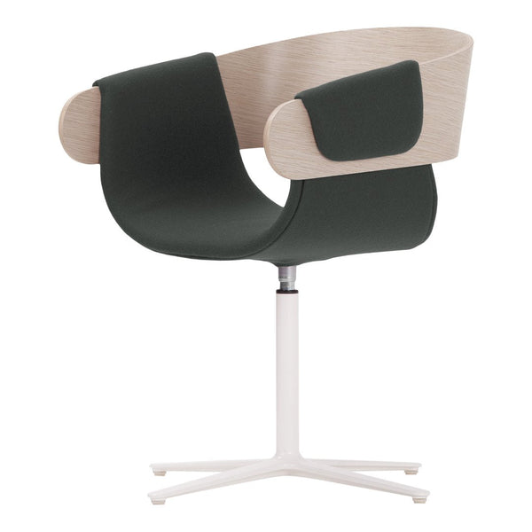 Modern chair with a sleek green upholstered seat and light wood accents on a white base, showcasing contemporary design.