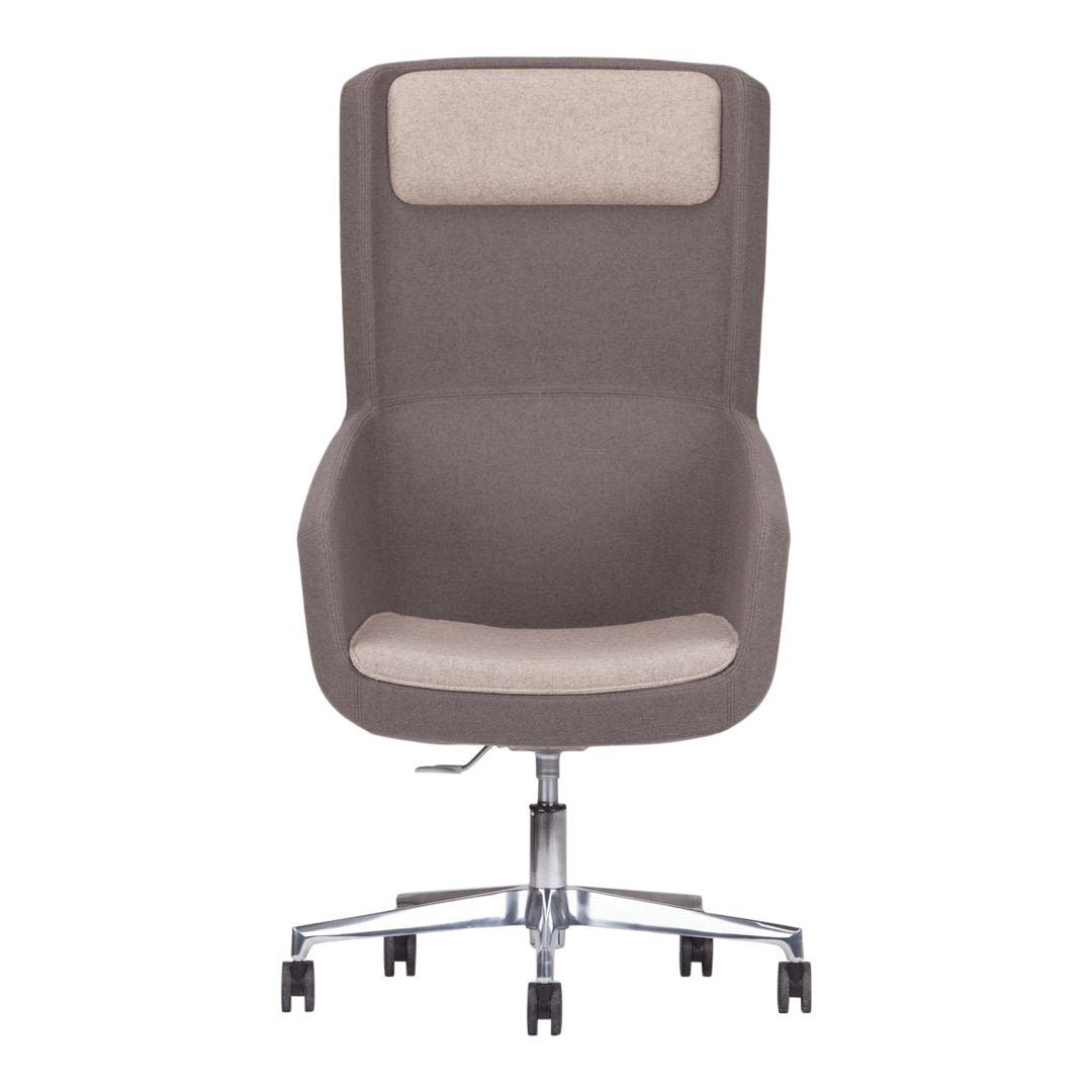 Modern ergonomic office chair in gray fabric with a light gray seat cushion and chrome base.