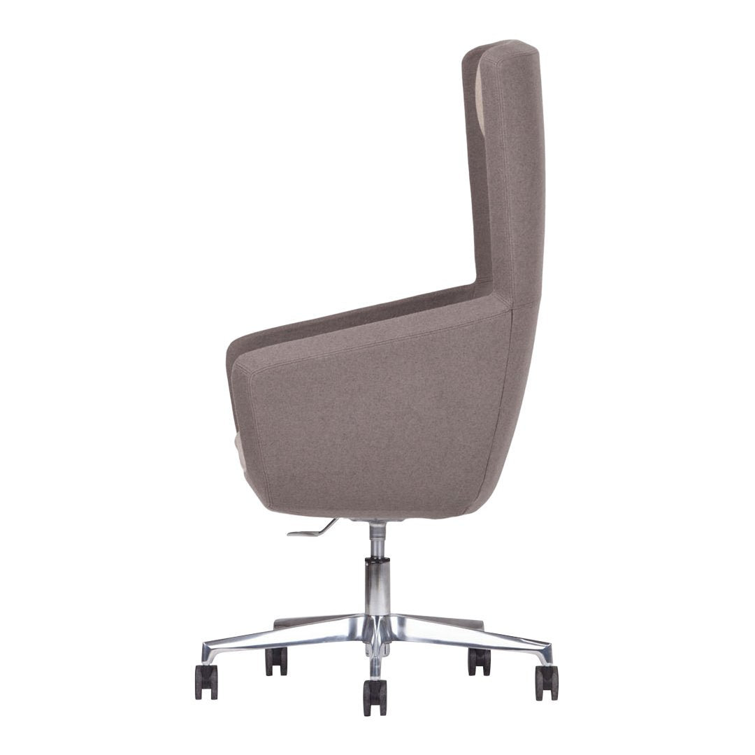 Gray upholstered chair with a sleek design and chrome base, showcasing a minimalist pattern and modern aesthetic.