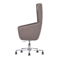Gray upholstered chair with a sleek design and chrome base, showcasing a minimalist pattern and modern aesthetic.