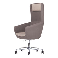 Modern high-back chair in soft gray fabric with a beige seat cushion and chrome base, perfect for contemporary office decor.